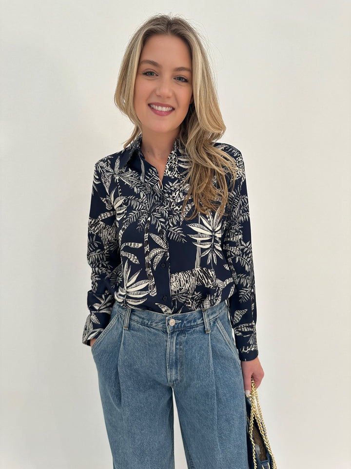 Vilagallo Mafalda Navy Blue Jungle Print Shirt available at Barbara Katz