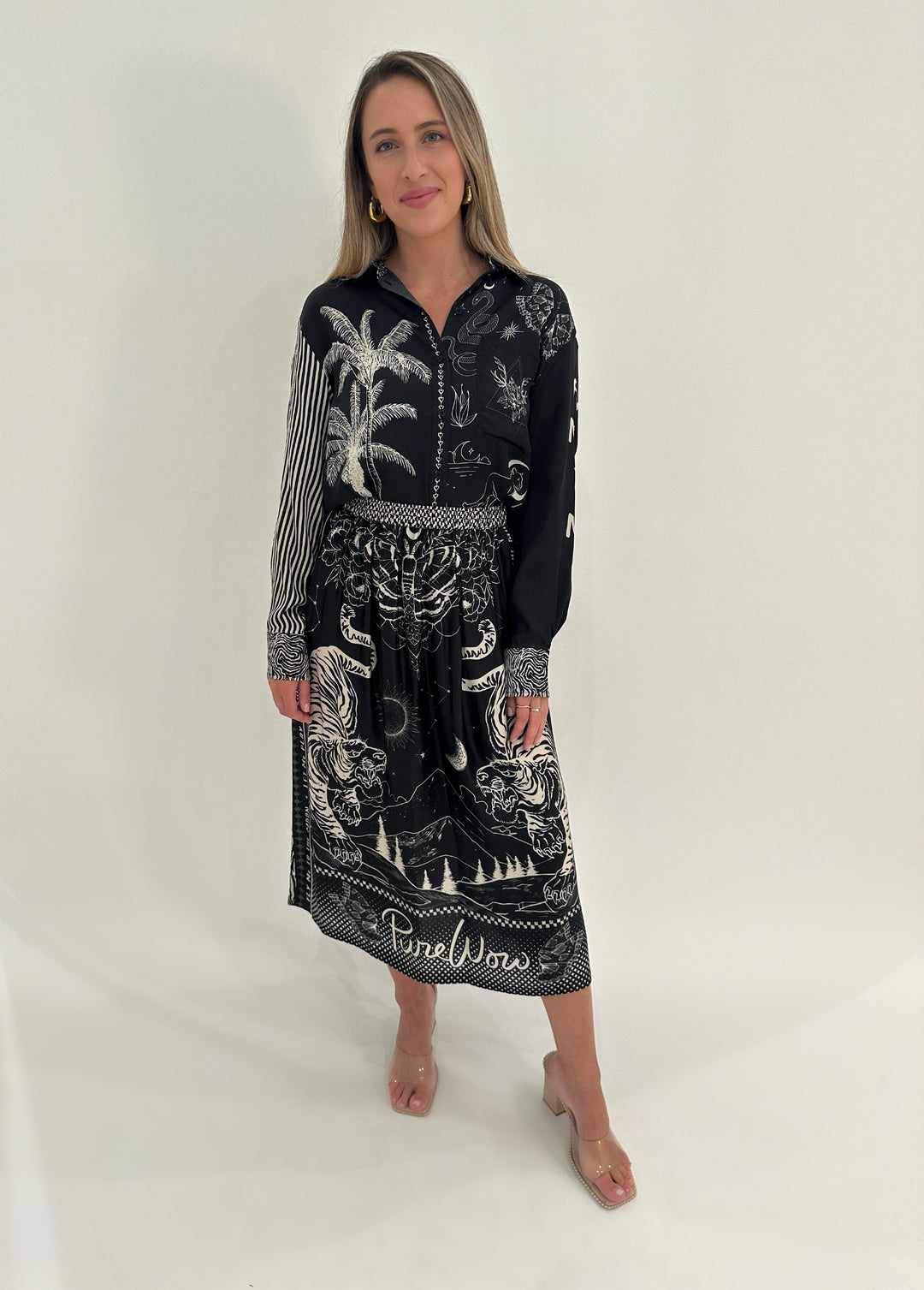 ME369 Isabel Black Magic Printed Button Down Shirt paired with Vanessa Printed Midi Skirt available at Barbara KAtz