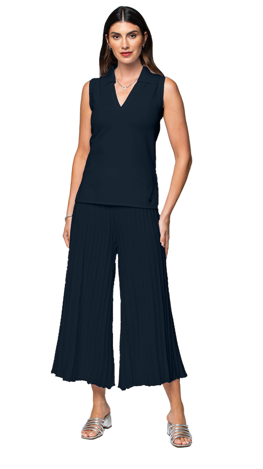 Biana Stella Piquet-Knit Sleeveless Polo Top in  Dark Navy available at Barbara Katz