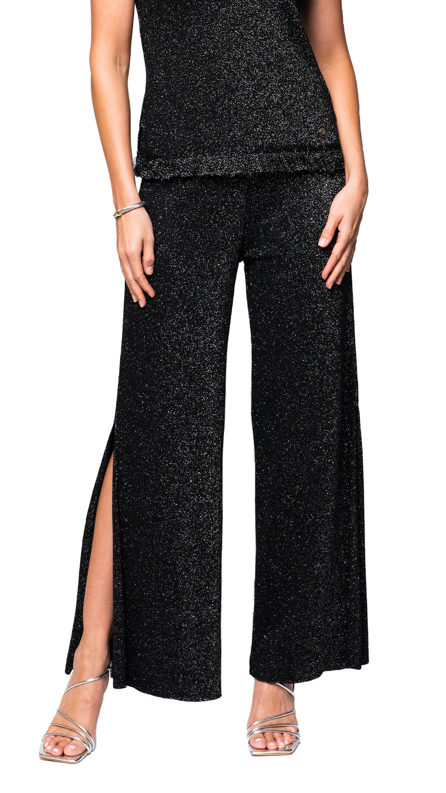 Biana Thalia Wide Leg Shimmery Pant with a Slit in Black Shimmer available at Barbara Katz