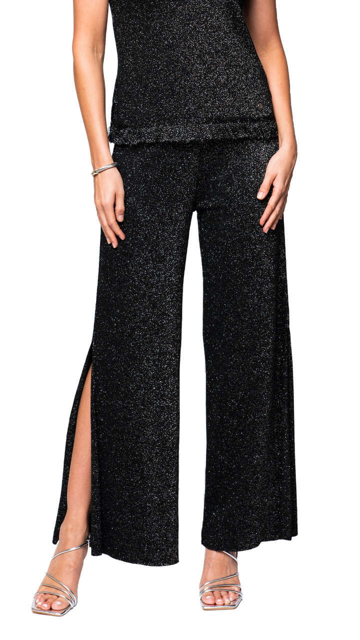 Biana Thalia Wide Leg Shimmery Pant with a Slit in Black Shimmer available at Barbara Katz