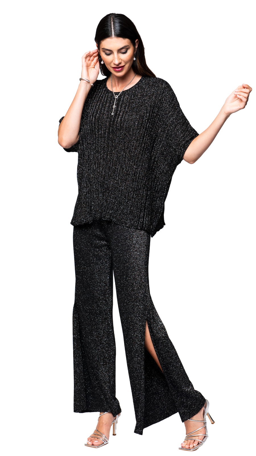 Biana Thalia Black Wide Leg Shimmery Pant with a Slit available at Barbara Katz