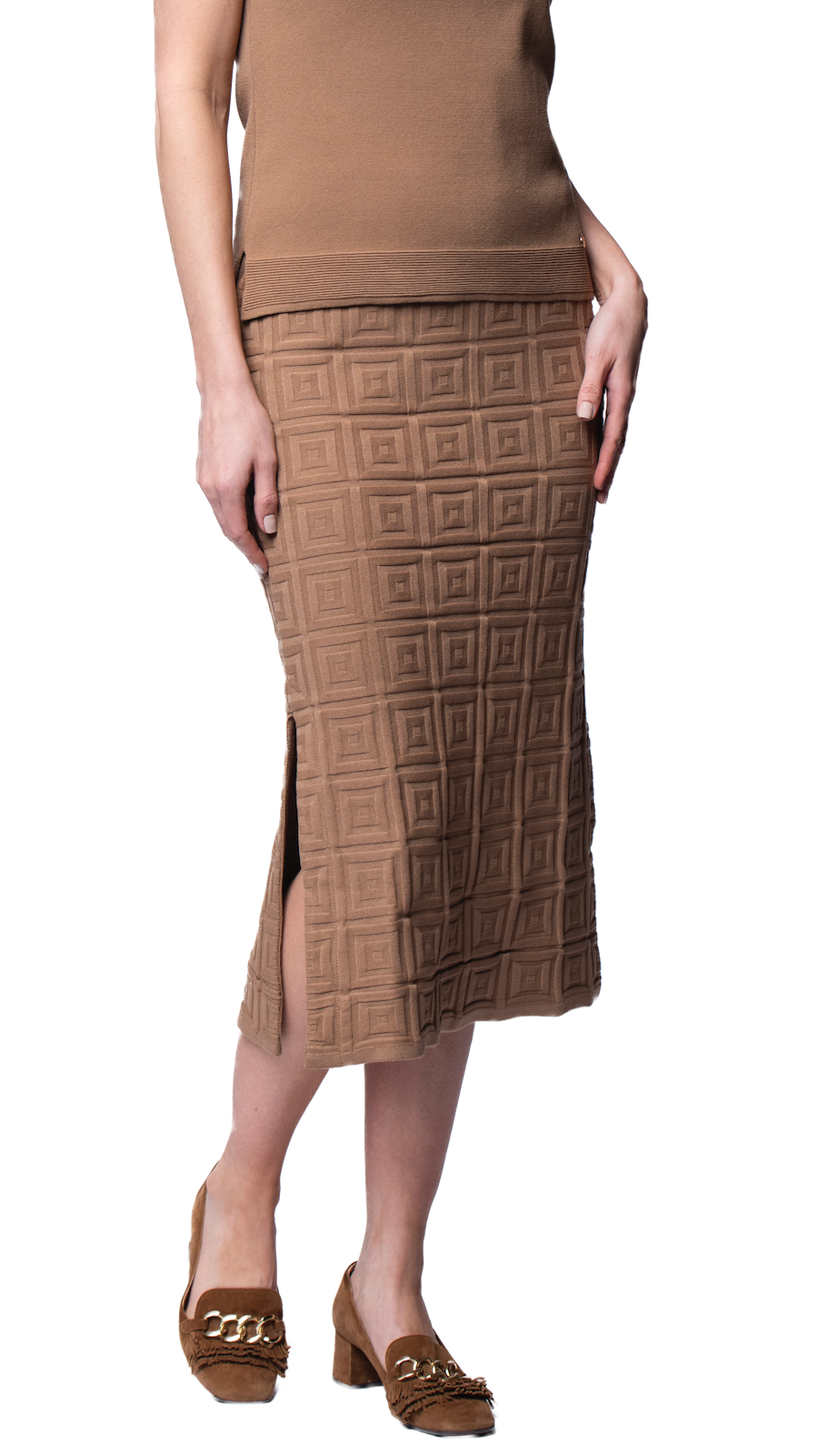 Biana Sabrina Square Pattern Midi Straight Skirt in Mocha available at Barbara Katz