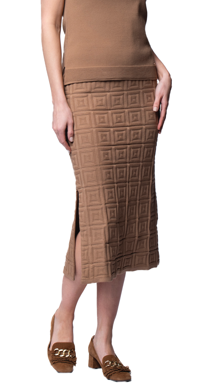 Biana Sabrina Square Pattern Midi Straight Skirt in Mocha available at Barbara Katz