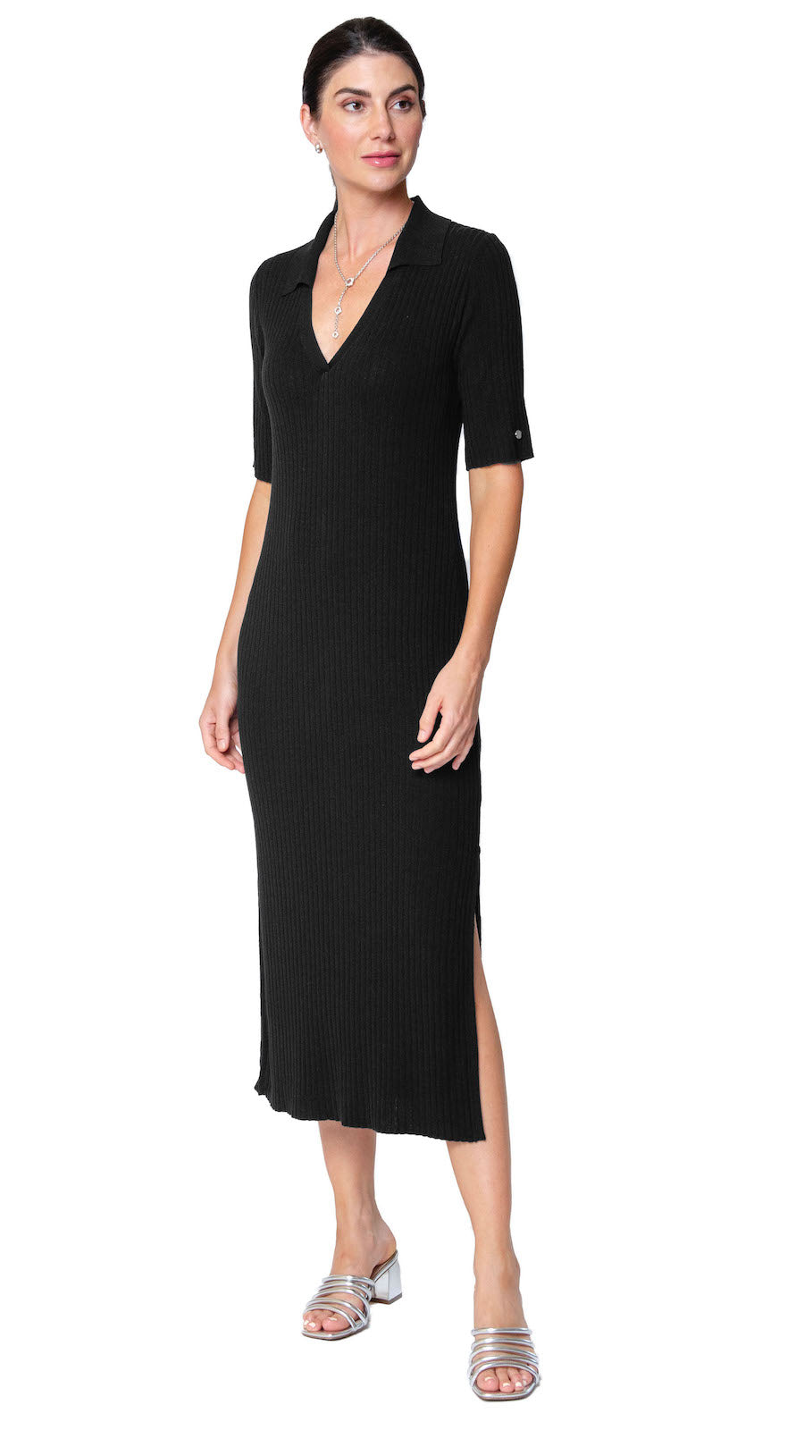 Gillian Rib Knit Midi Polo Dress - Black