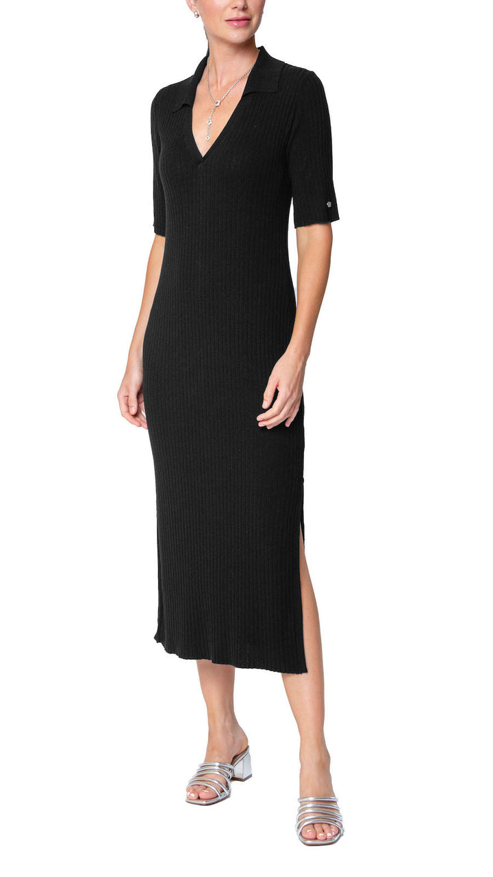 Gillian Rib Knit Midi Polo Dress - Black