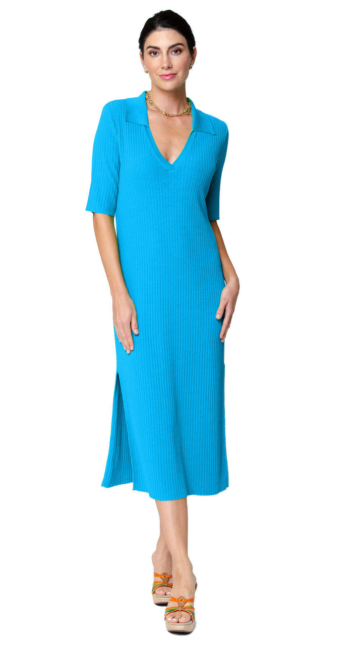 Gillian Rib Knit Midi Polo Dress - Turquoise