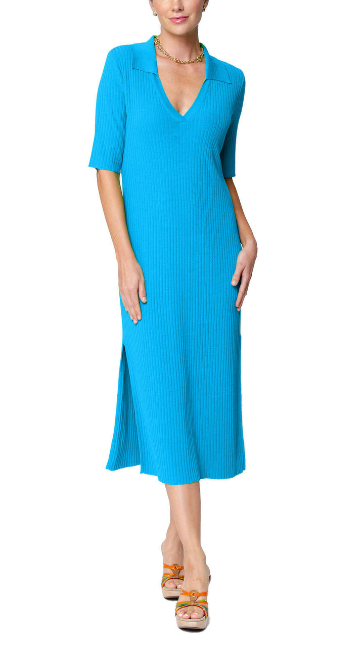 Gillian Rib Knit Midi Polo Dress - Turquoise