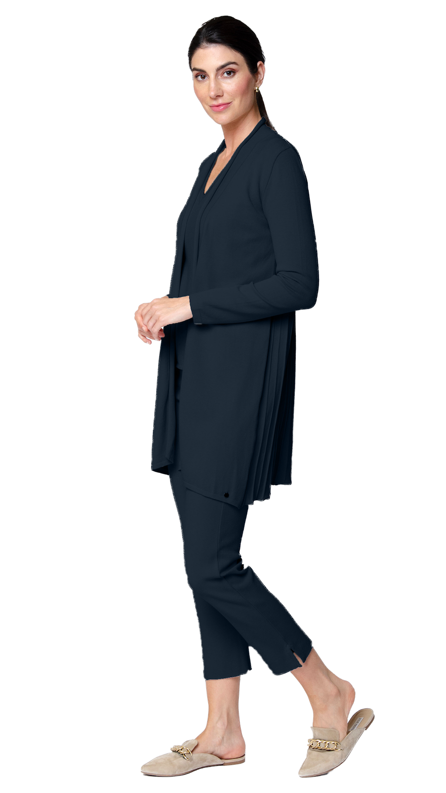 Biana Amely Shawl Collar Mid-Length Cardigan in Dark Navy available at Barbara Katz