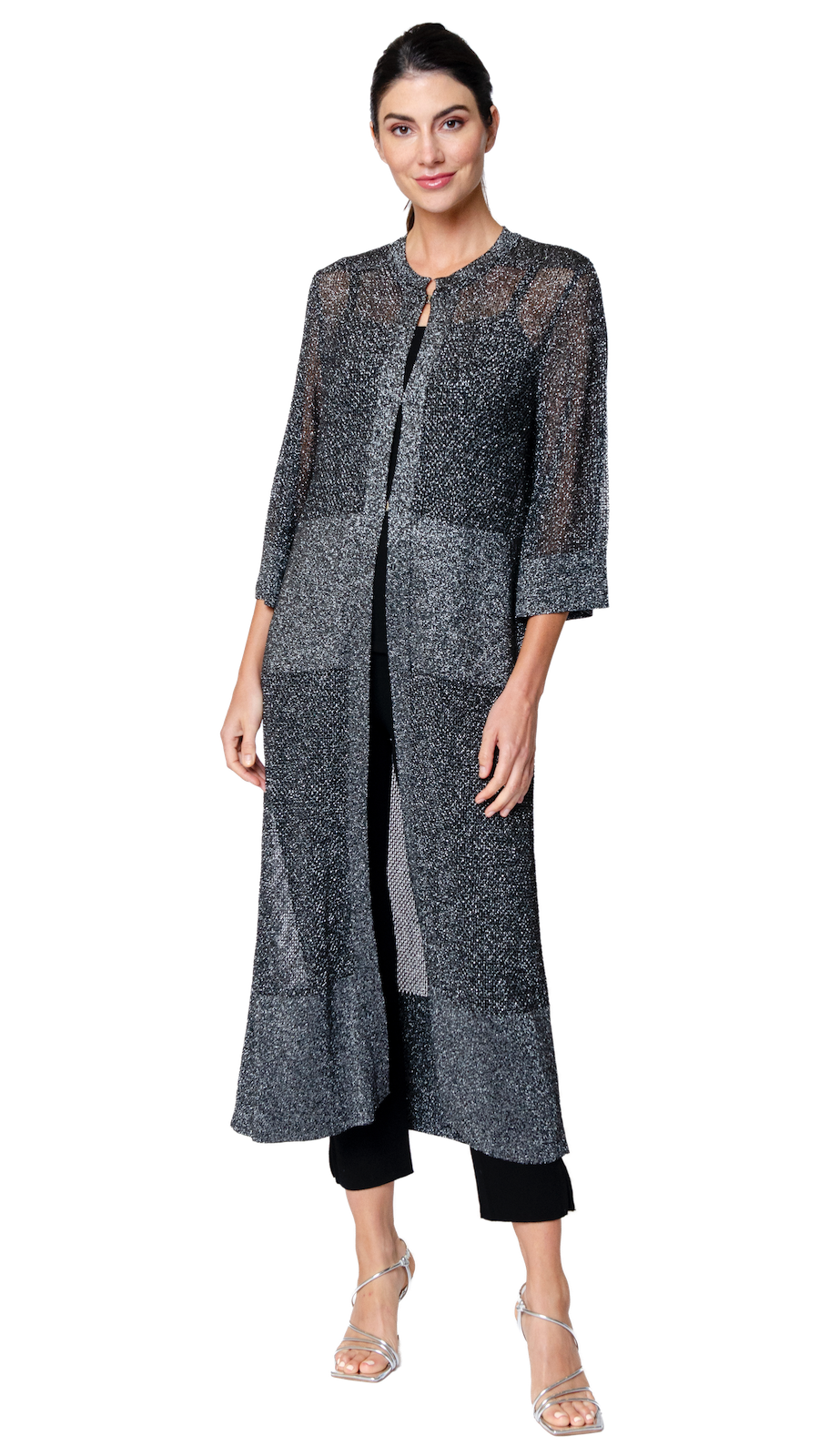 Biana Arianna Shimmery Mesh-Knit Duster Coat in Silver Black available at Barbara Katz