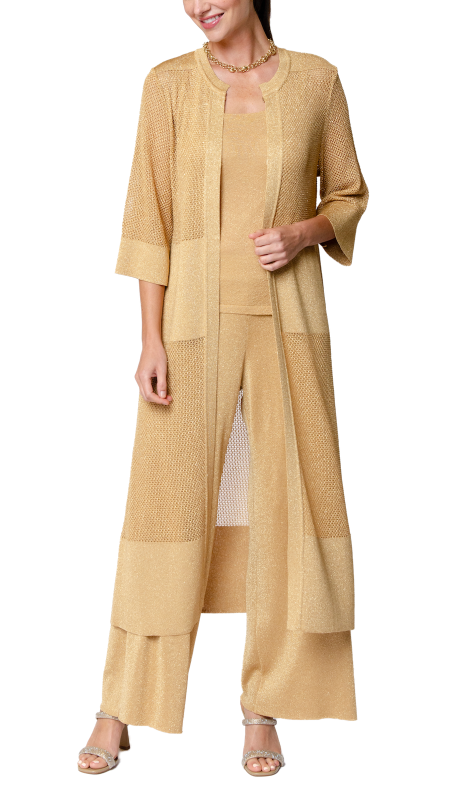 Biana Arianna Shimmery Mesh-Knit Duster Coat in Golden Sands available at Barbara Katz