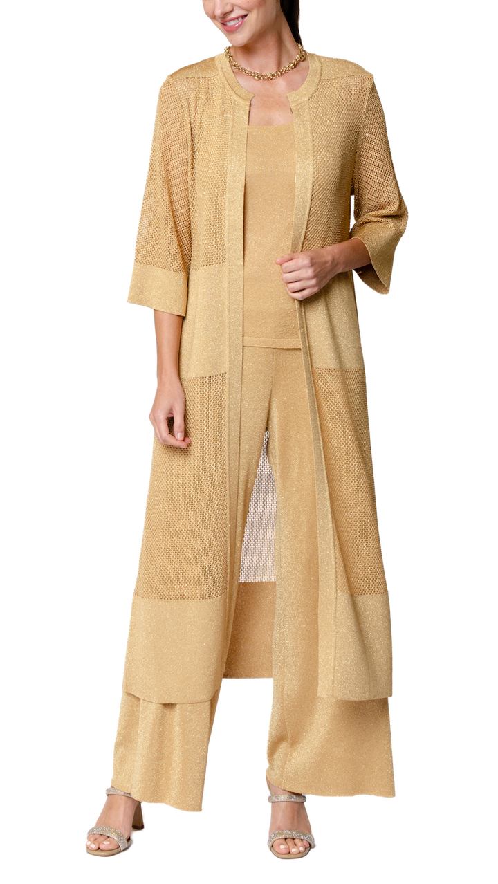 Biana Arianna Shimmery Mesh-Knit Duster Coat in Golden Sands available at Barbara Katz