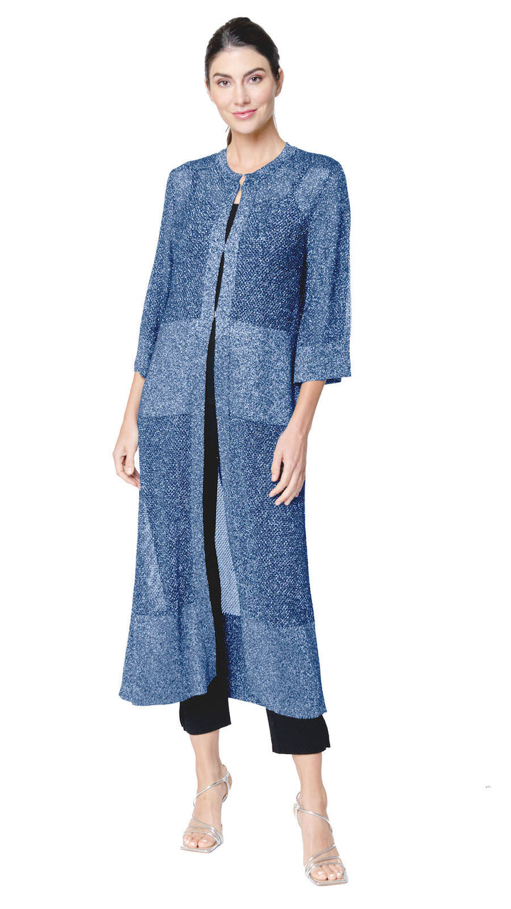 Biana Arianna Shimmery Mesh-Knit Duster Coat in Tornado Silver available at Barbara Katz