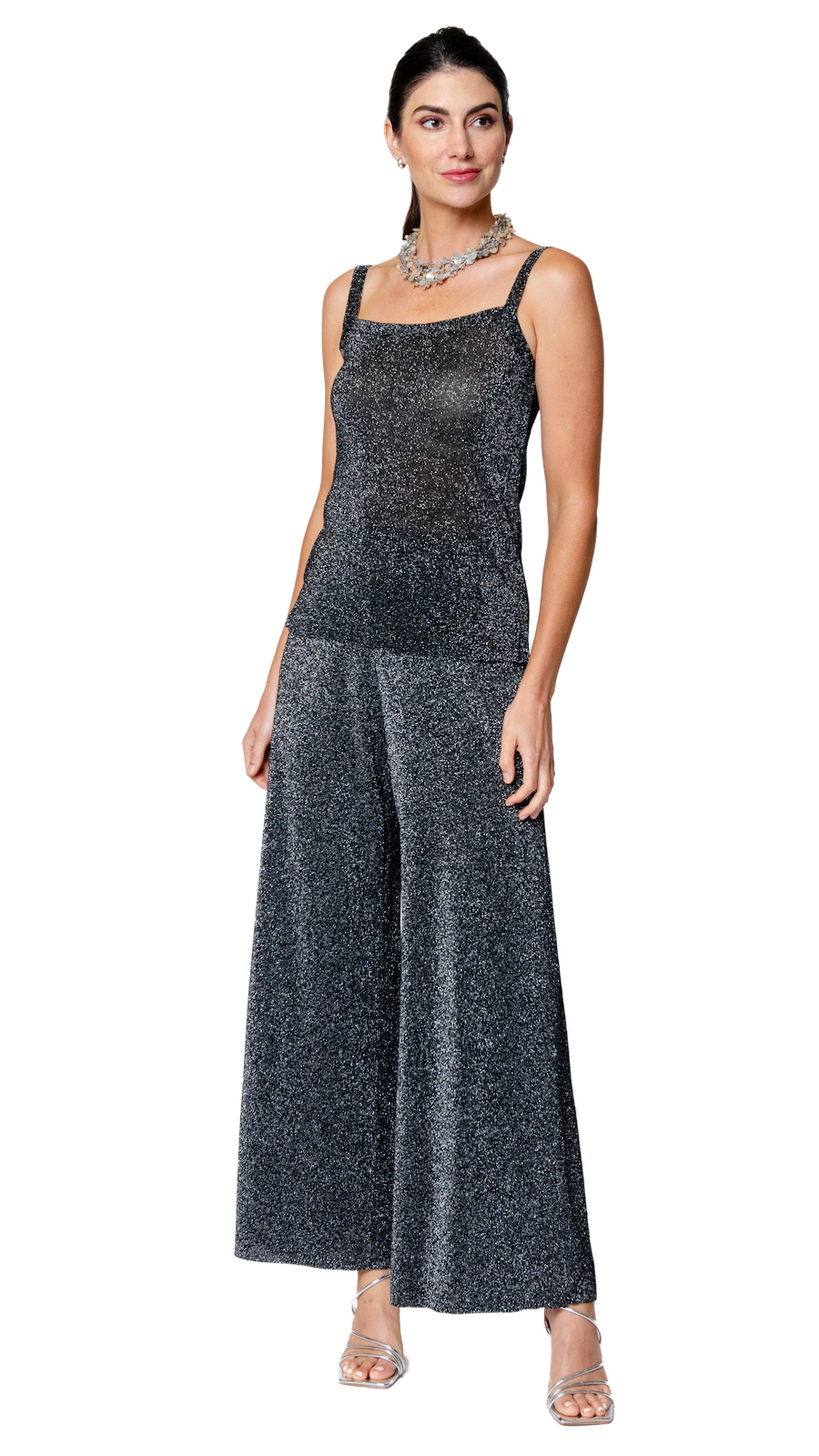 Biana Paola Wide Leg Shimmery Pant in Silver Black available at Barbara Katz