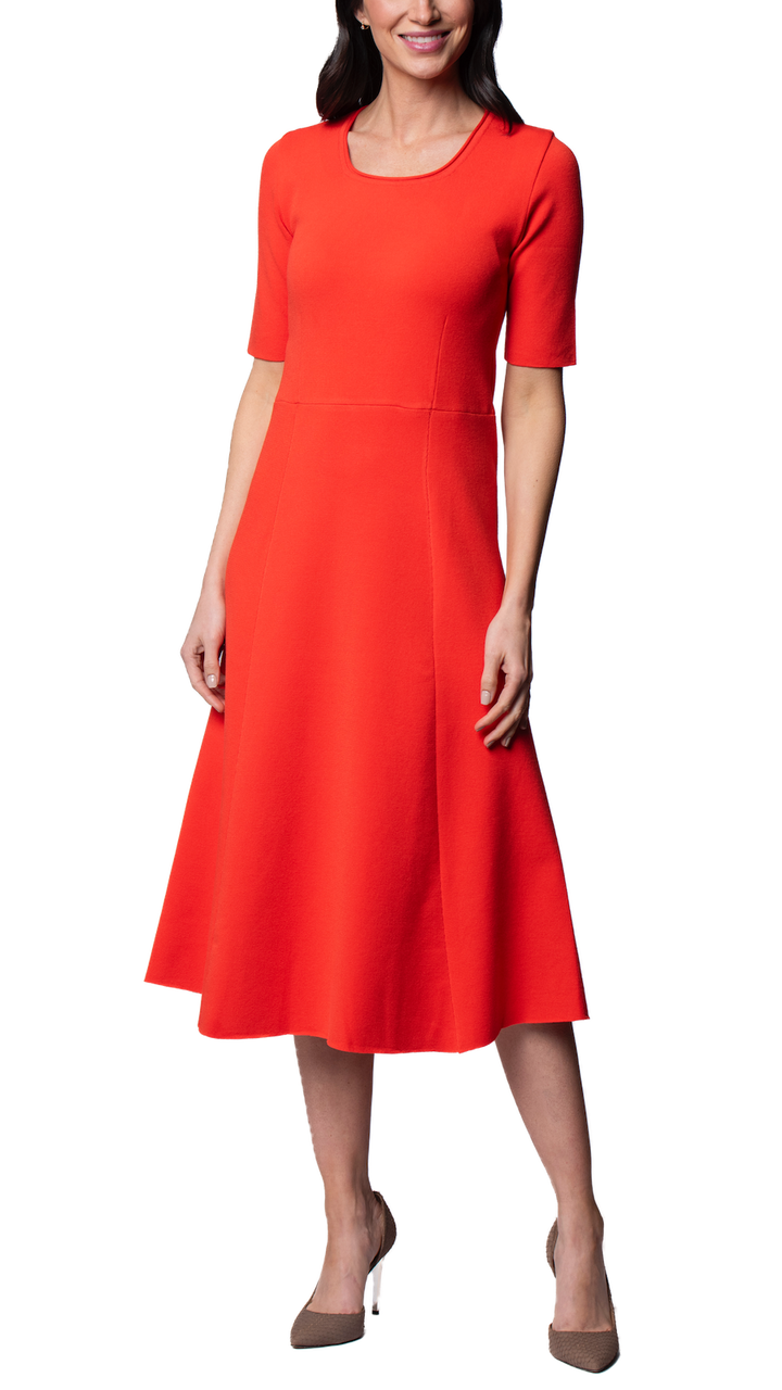 Nora Milano Knit Short Sleeved Fit-And-Flare Midi Dress - Bright Orange / Fall Pre-Order