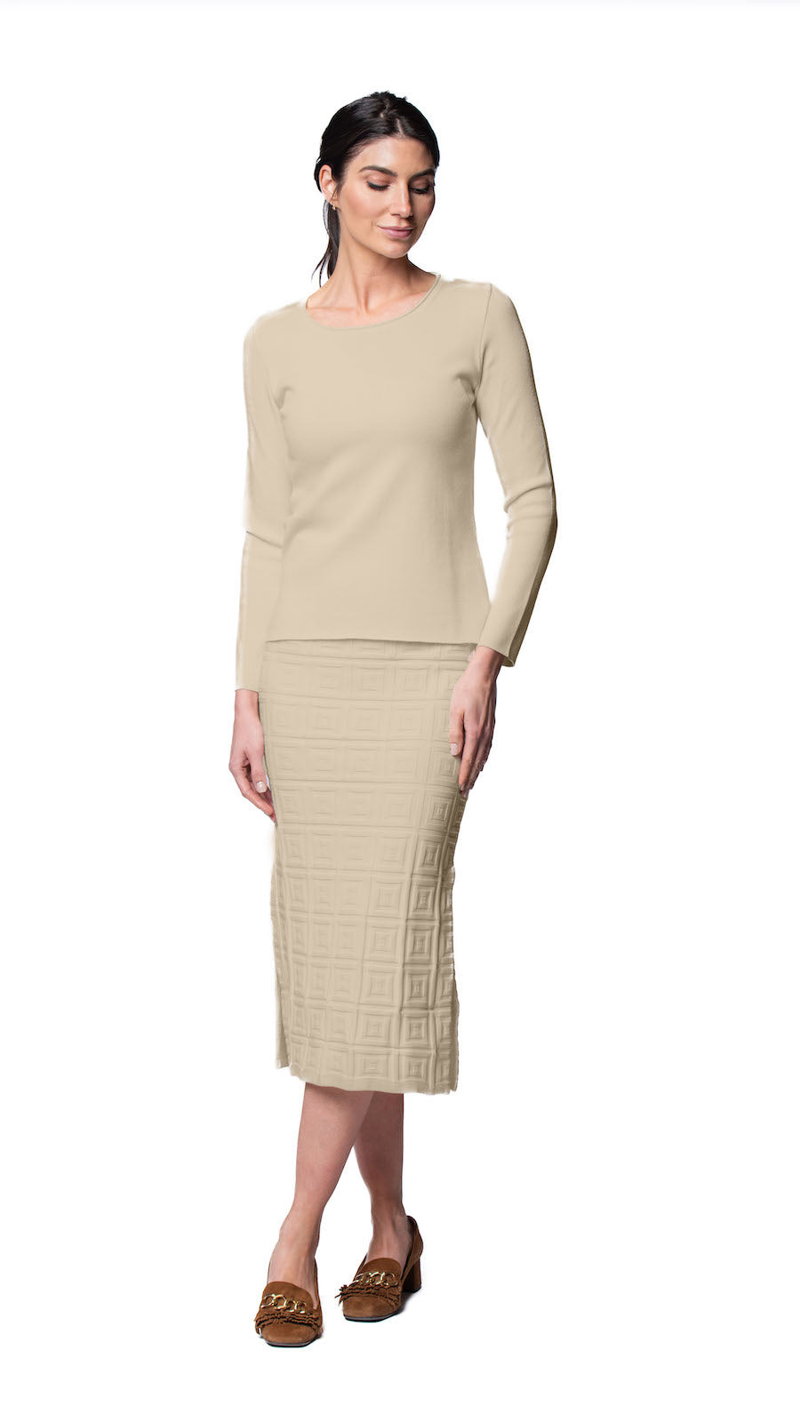 Biana Sabrina Square Pattern Midi Straight Skirt in Warm Beige available at Barbara Katz