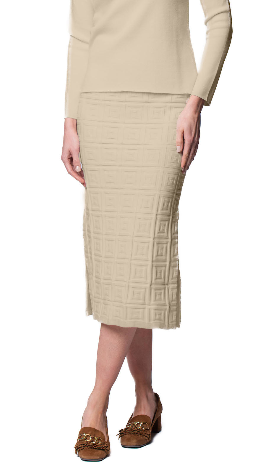 Biana Sabrina Square Pattern Midi Straight Skirt in Warm Beige available at Barbara Katz