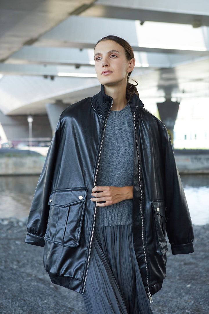 Adroit Atelier Petra Long Vegan Leather Bomber Jacket - Black available at Barbara Katz