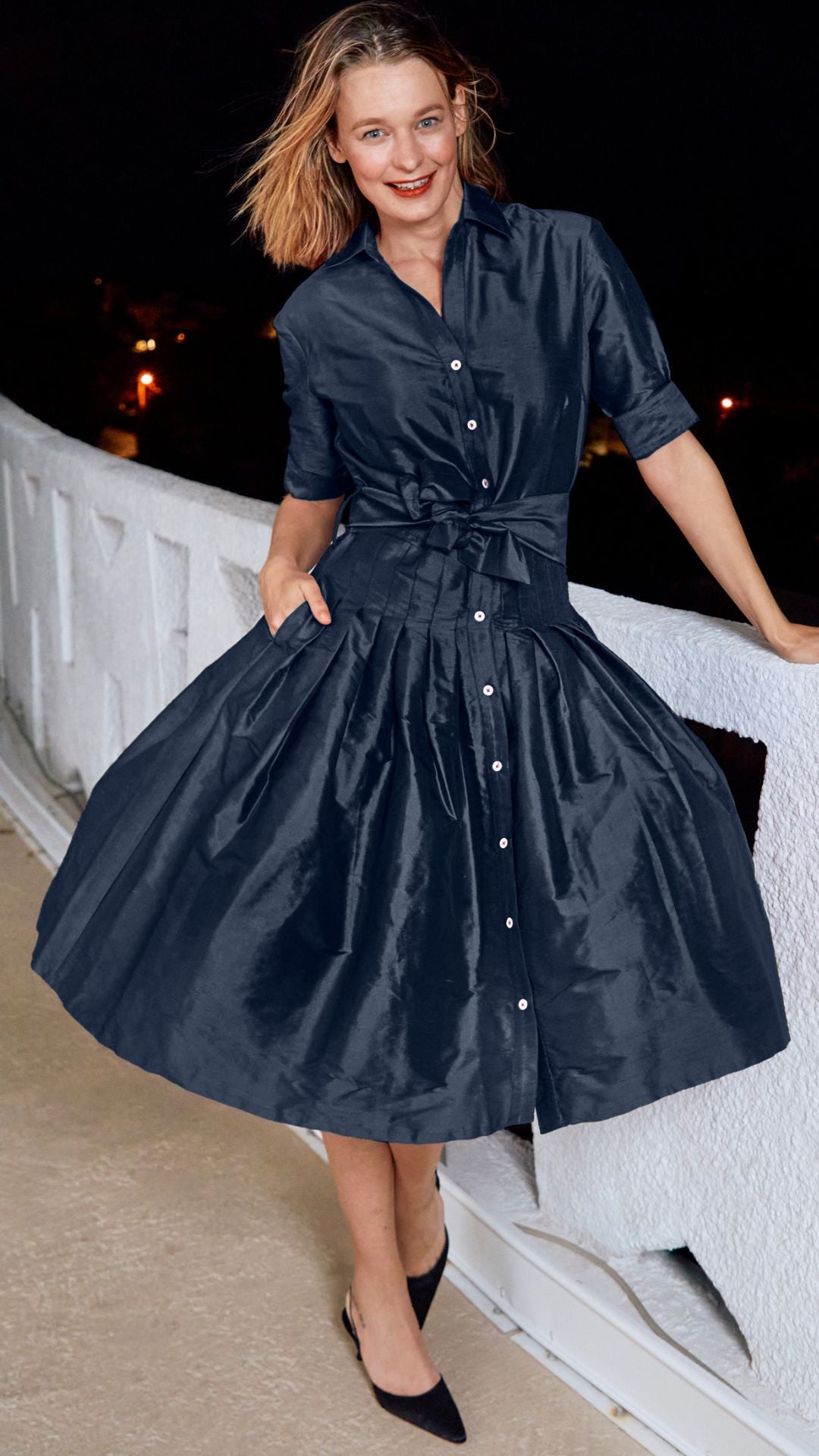 Dizzy-Lizzie Mrs Maisel Silk Dress in Navy