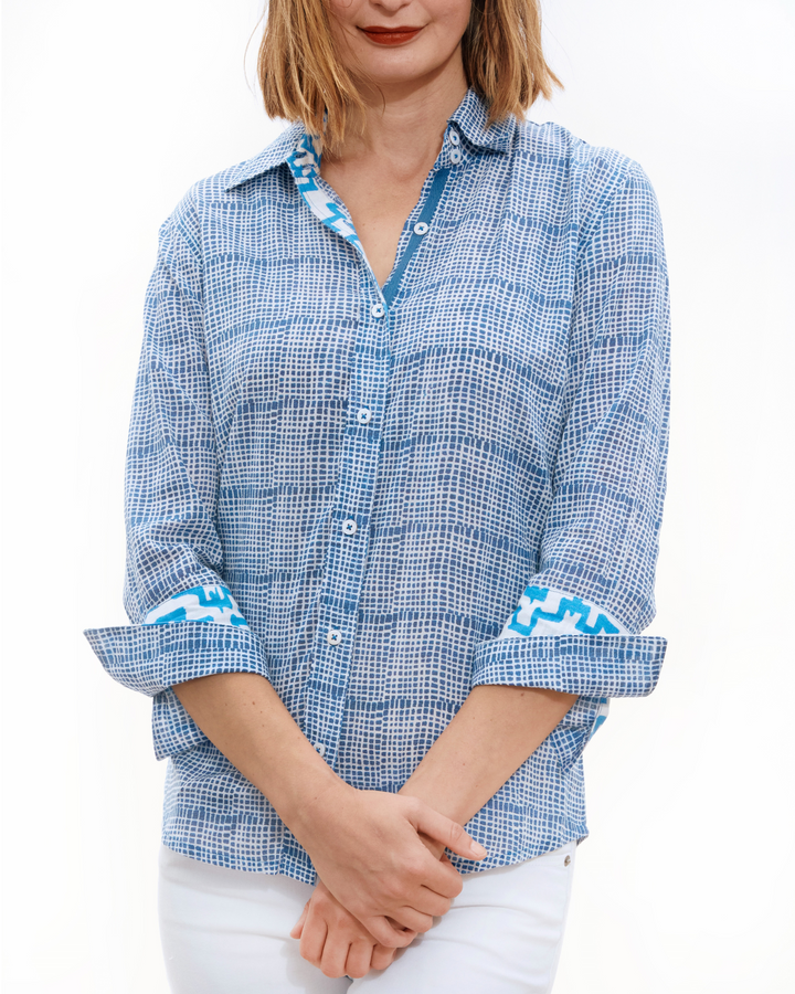 Dizzy-Lizzie Rome 3/4 Sleeve Shirt - Navy Tattersall available at Barbara Katz