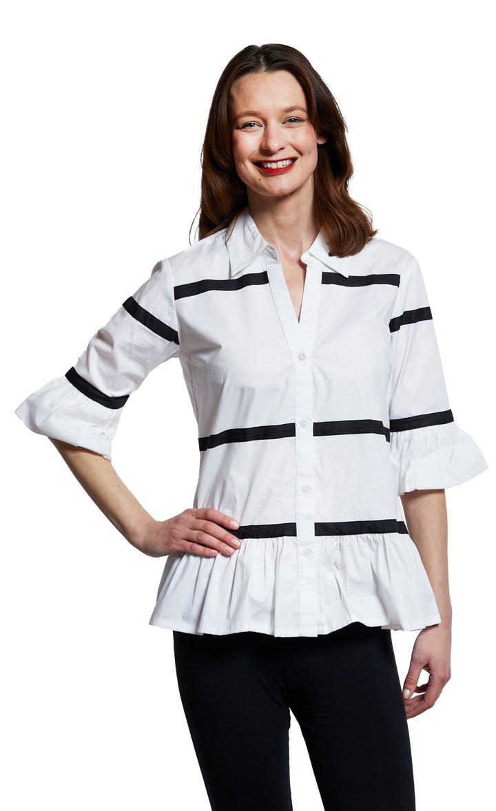 Dizzy-Lizzie Lexington Peplum Top White With Ribbon Trim