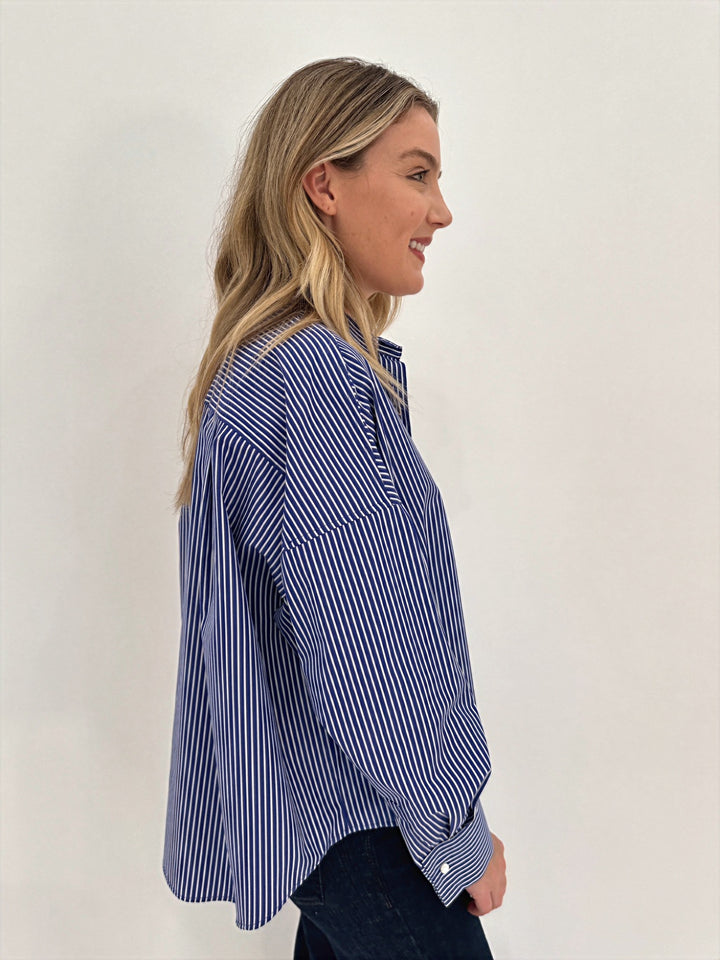 Max Mara Weekend Poplin Over Long Sleeve Shirt in Navy Stripe available at Barbara Katz