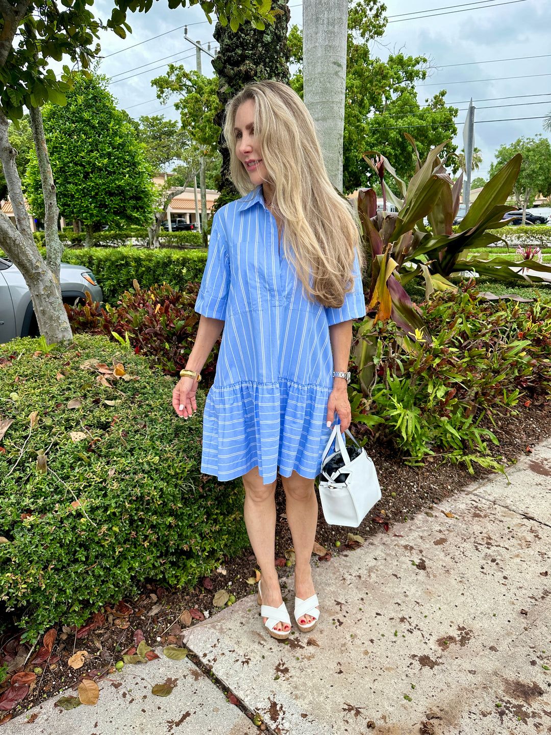 Simkhai Cris Short Sleeve Shirt Dress - Wide Oxford Blue Stripe