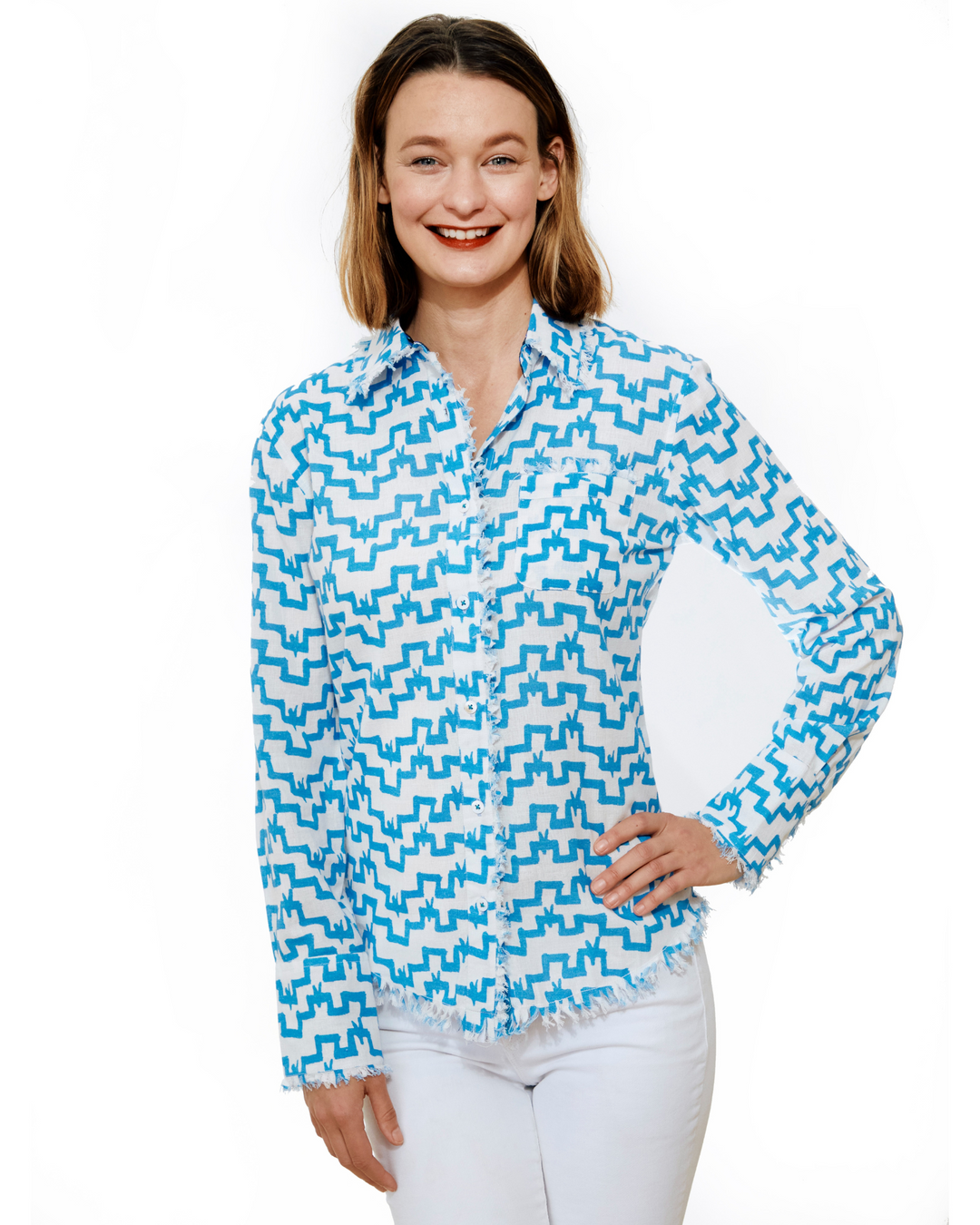 Dizzy-Lizzie Cape Cod Frayed Shirt - Zig Zag Print available at Barbara Katz