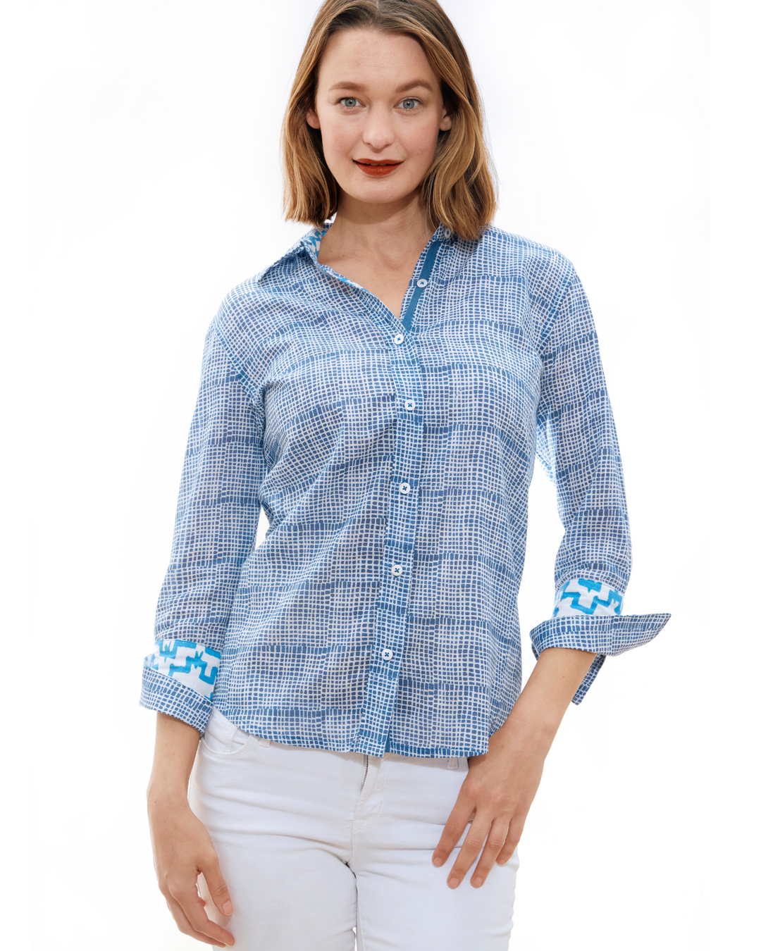 Dizzy-Lizzie Rome 3/4 Sleeve Shirt - Navy Tattersall available at Barbara Katz