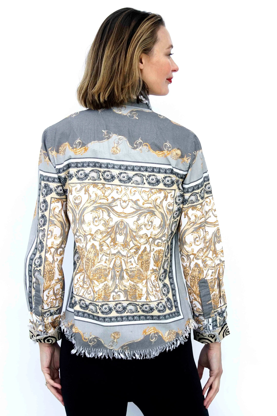 Dizzy-Lizzie Cape Cod Frayed Shirt - Grey Filigree Print available at Barbara Katz