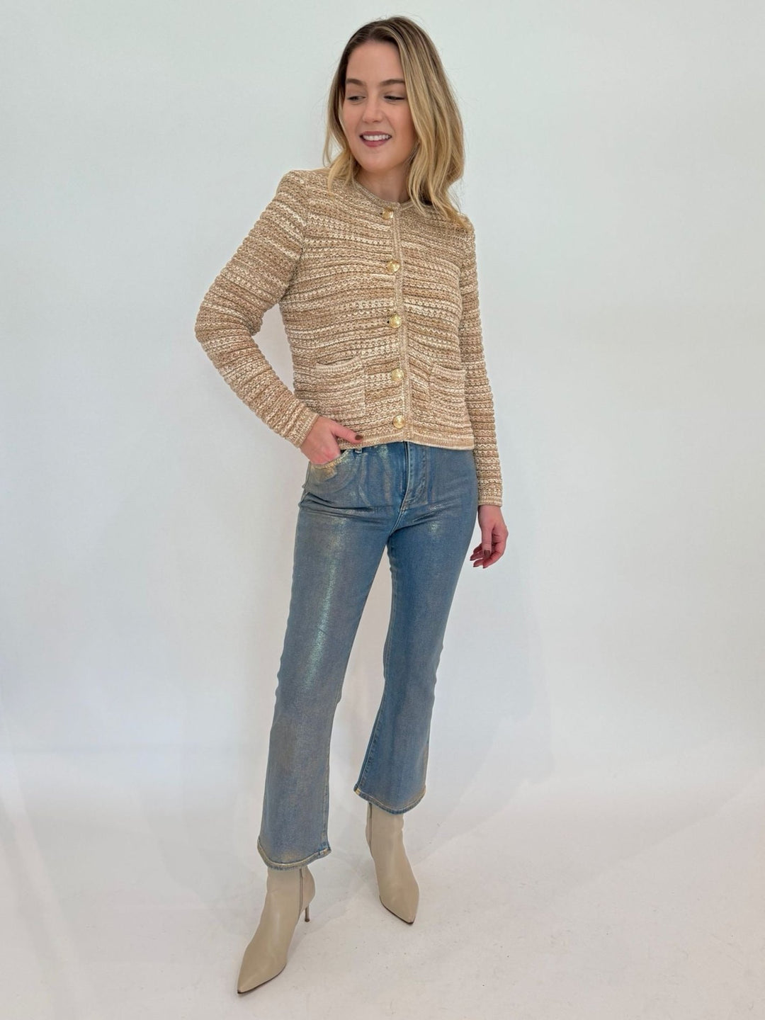 Ba&sh Guspa Cardigan in Sable paired with Frame Le Crop Mini Boot Jeans in Gold Hologram available at Barbara Katz