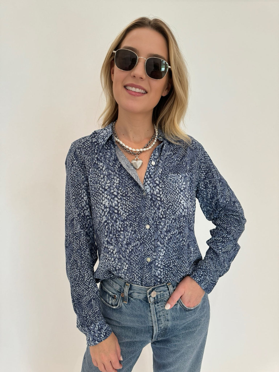 Rails Josephine Button Down Shirt in Navy Python, 100% rayon shirt with animal-inspired print, natural shell buttons, chest pocket, long sleeves, and shirt collar