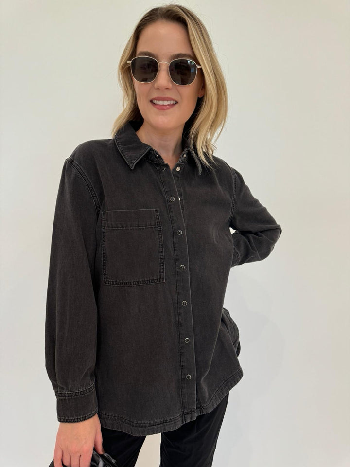 Ba&sh Lexa Shirt in Blackstone with Le Specs Neptune Deux Sunglasses available at Barbara Katz