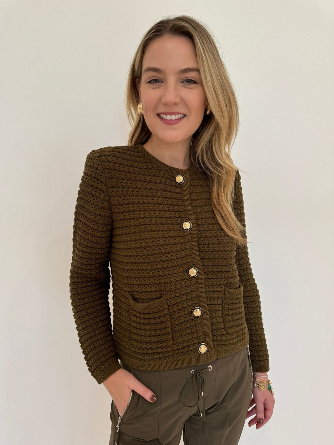 Ba&sh Gaspard Knit Cardigan in Kaki paired with Raffaello Rossi Candy Pants in Olive available at Barbara Katz