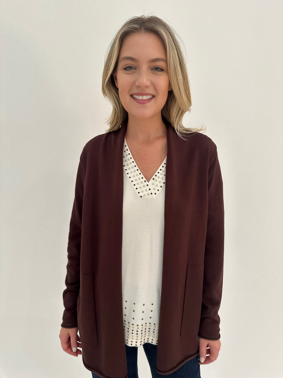 BK Long Open Cardigan in Espresso available at Barbara Katz