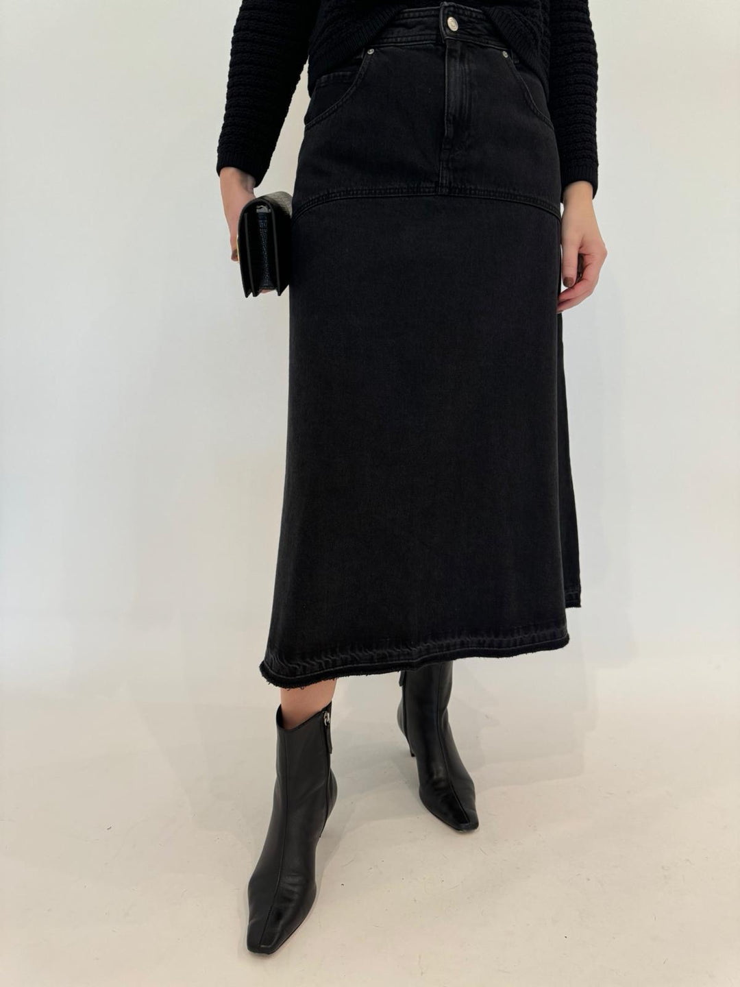 Ba&sh Volentia Denim Midi Skirt in Blackstone available at Barbara Katz