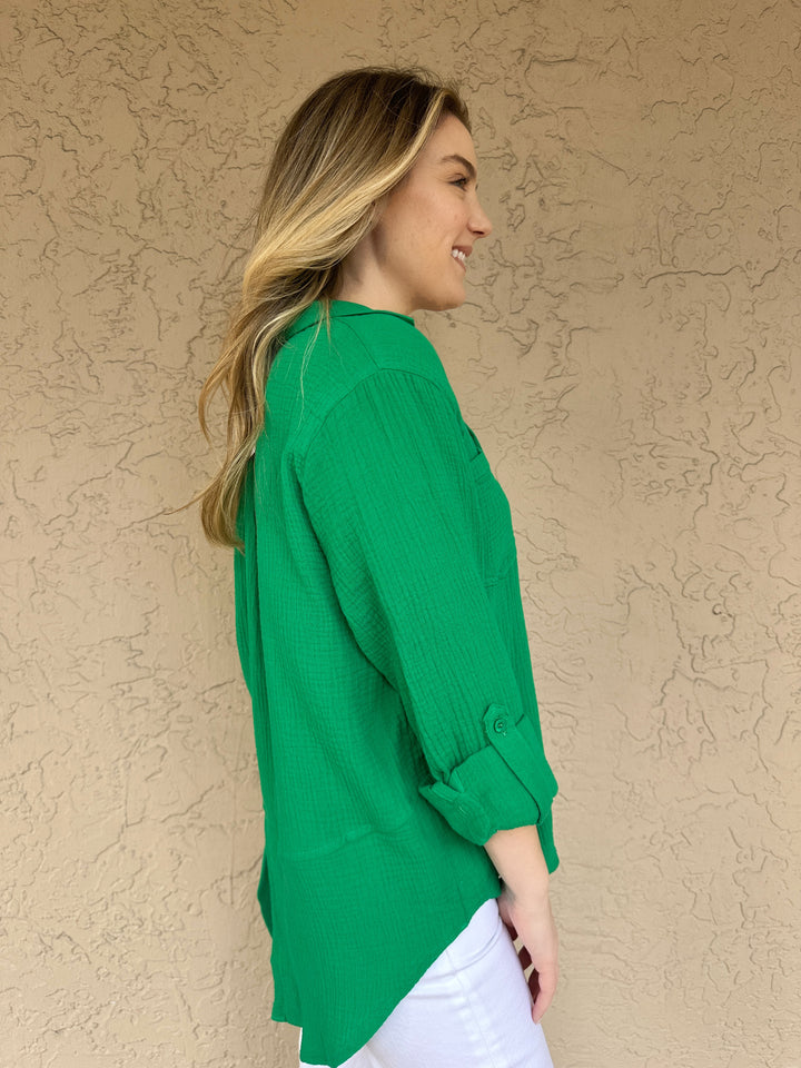 Green Gauze Shirt with Pockets