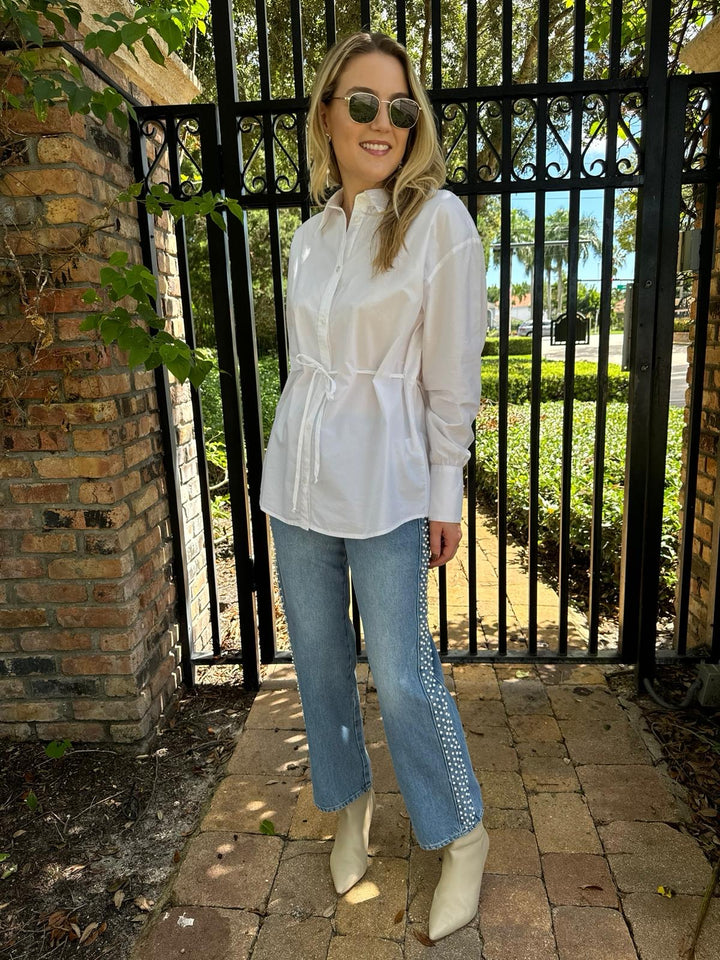 Ba&sh Aply Long Sleeve Top in Blanc paired with Frame Atelier Le Jane Crop Denim in Daylight Pearl, Lizzie Fortunato Silver Mine Earrings, Le Specs Neptune Deux Sunglasses - all available at Barbara Katz