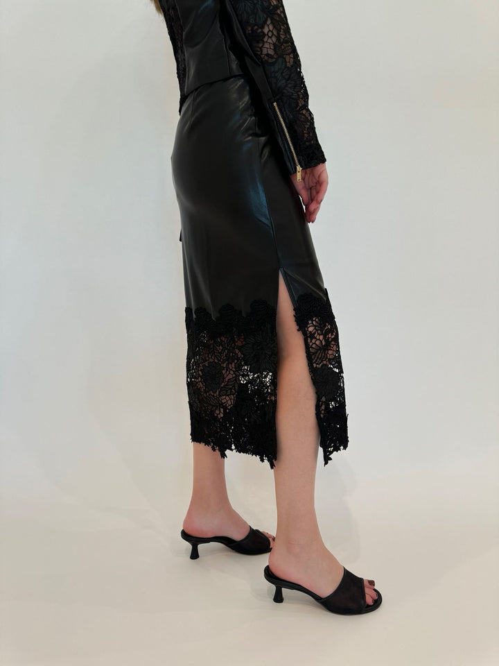 Generation Love Chantira Vegan Leather Guipure Skirt in Black available at Barbara Katz