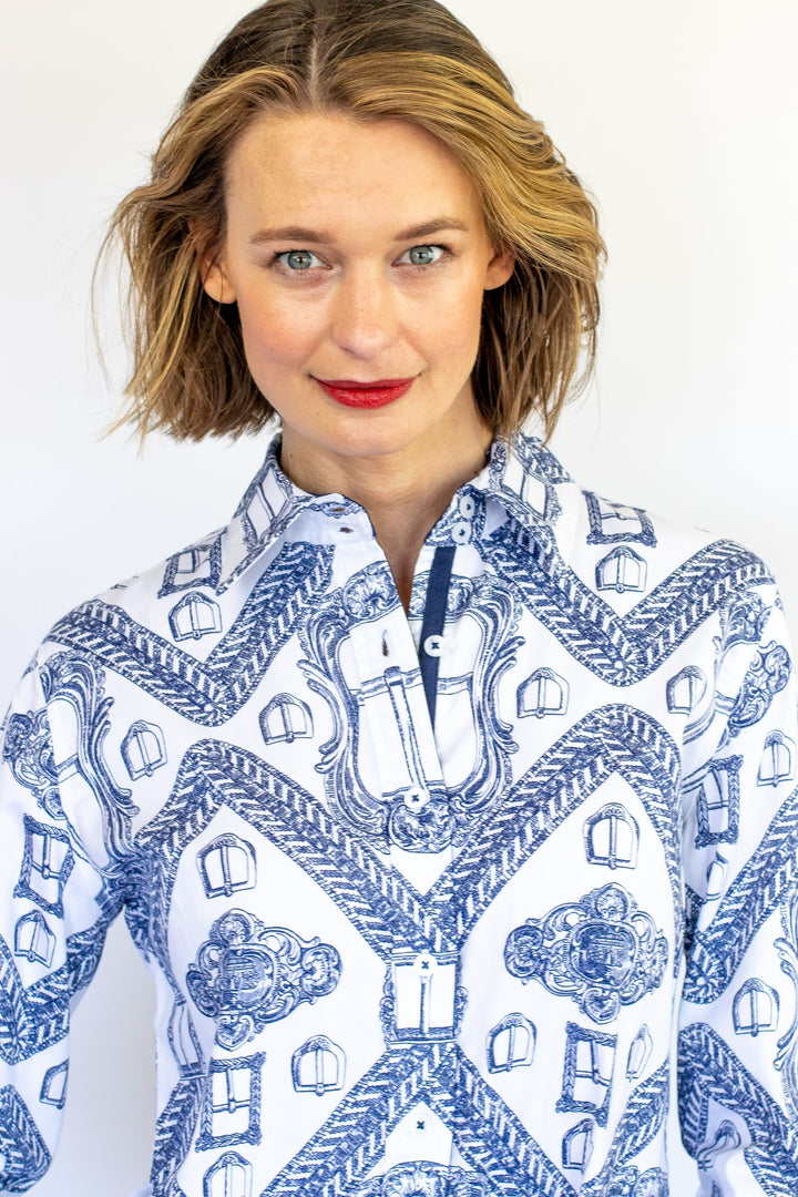 Dizzy-Lizzie Rome Long Sleeve Shirt - Indigo/White Oversized Buckle Print available at Barbara Katz