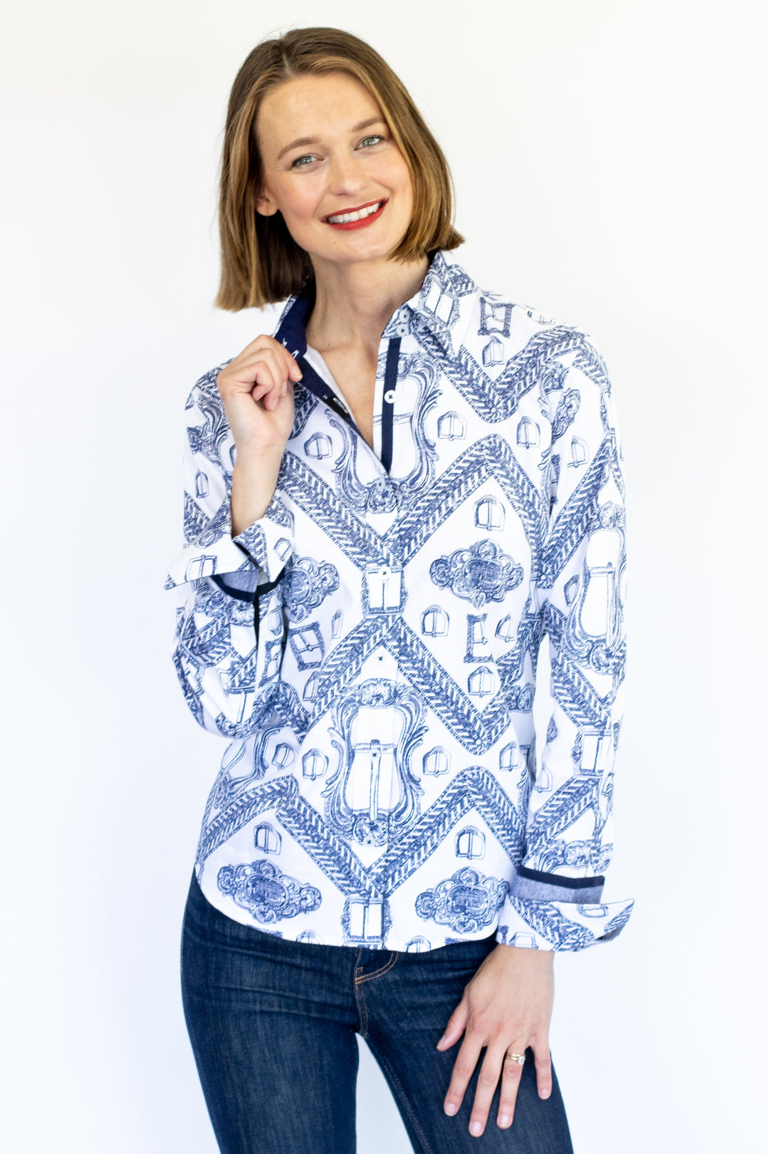 Dizzy-Lizzie Rome Long Sleeve Shirt - Indigo/White Oversized Buckle Print available at Barbara Katz