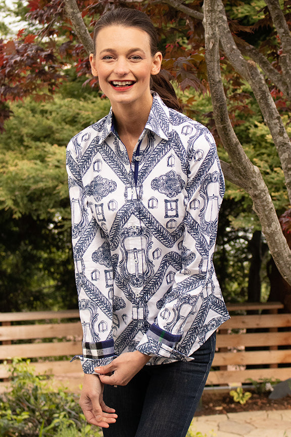 Dizzy-Lizzie Rome Long Sleeve Shirt - Indigo/White Oversized Buckle Print available at Barbara Katz