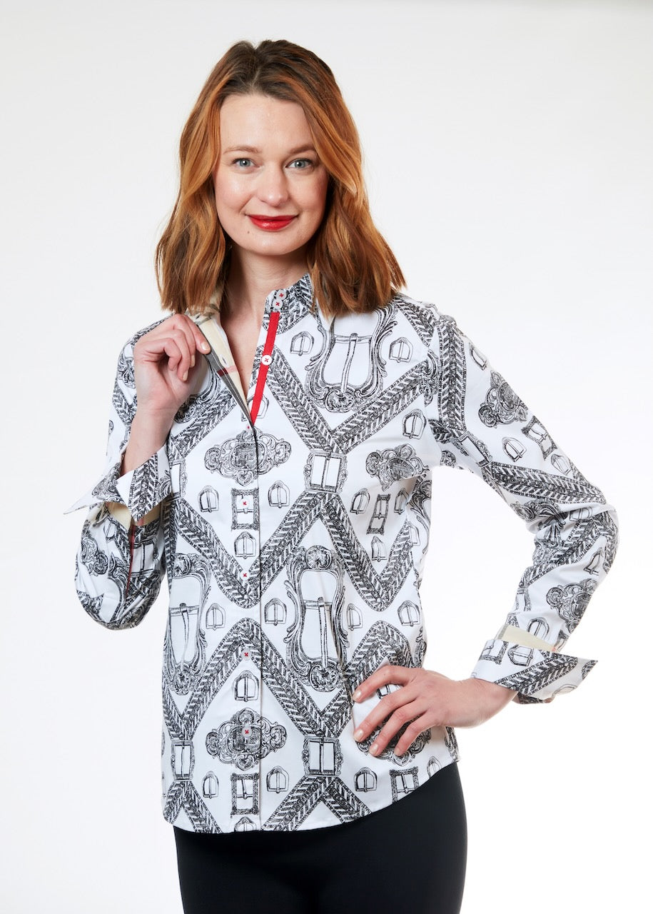 Dizzy-Lizzie Rome Long Sleeve Shirt - Black White Buckle Print available at Barbara Katz