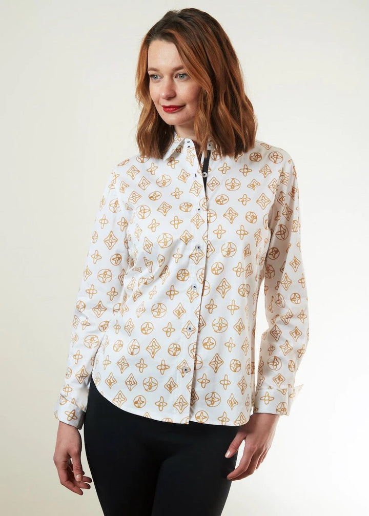 Dizzy-Lizzie Rome Long Sleeve Shirt - White With Geometric Print available at Barbara Katz