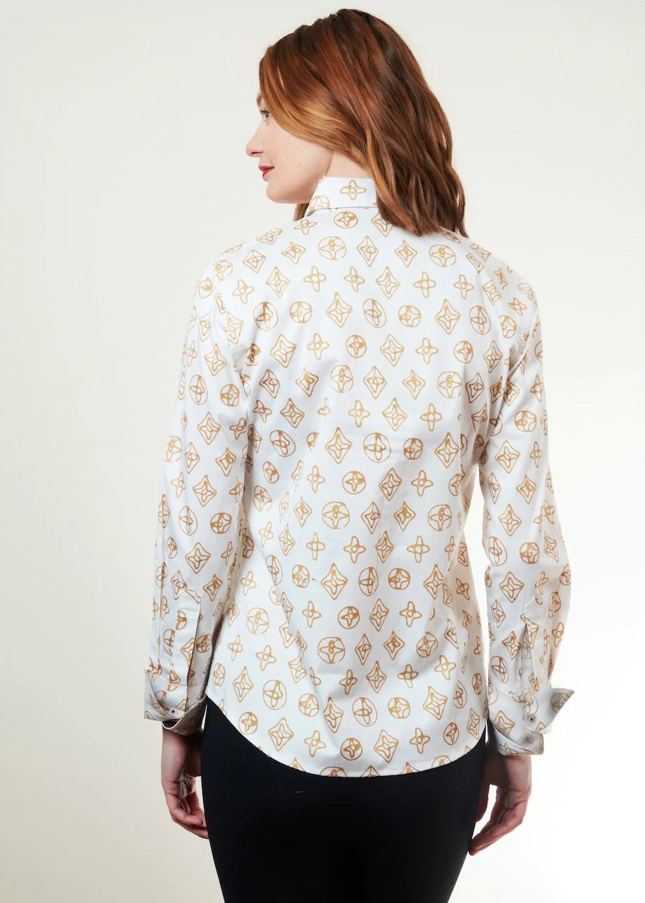 Dizzy-Lizzie Rome Long Sleeve Shirt - White With Geometric Print available at Barbara Katz