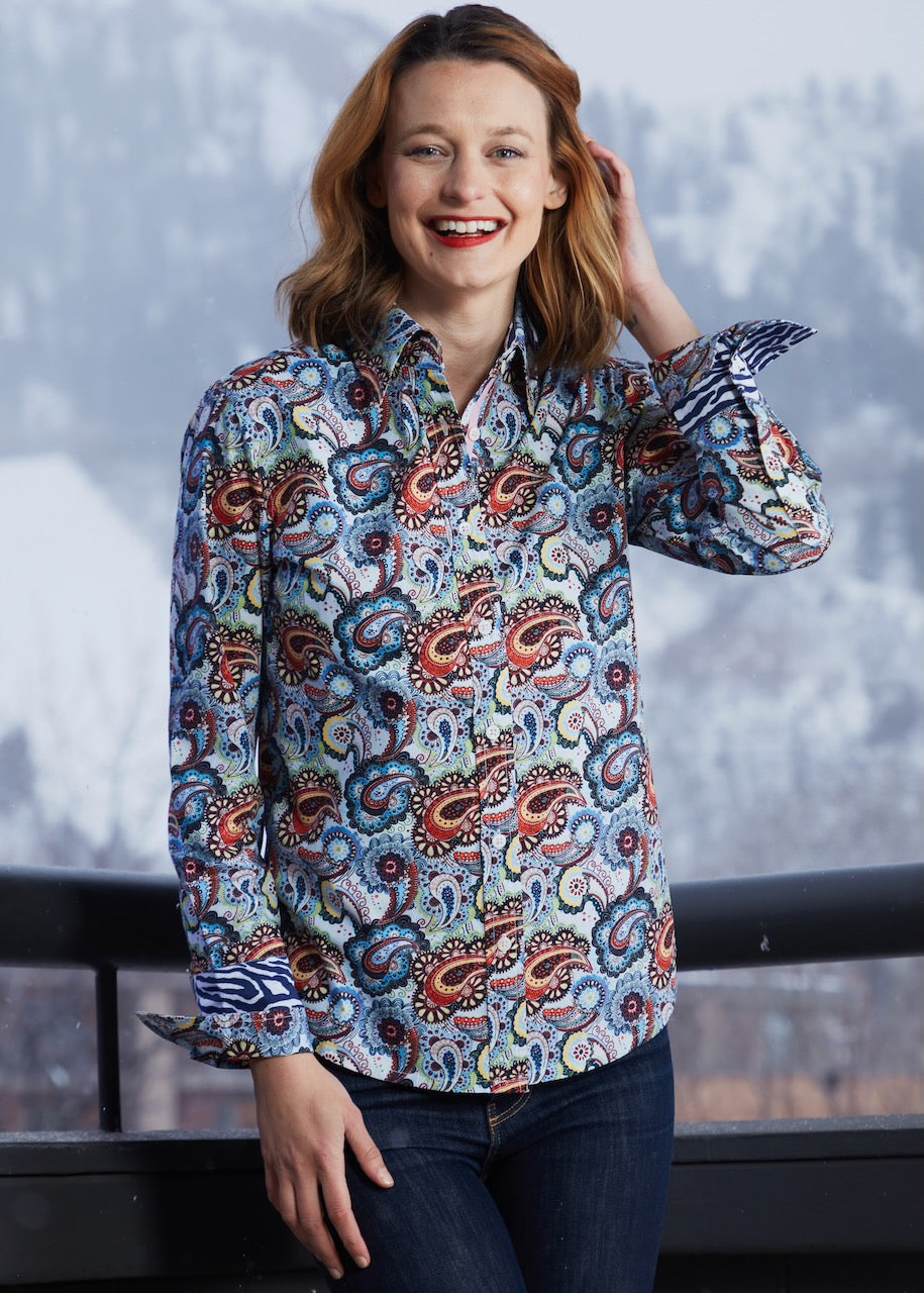 Dizzy-Lizzie Rome Long Sleeve Shirt - Blue Paisley available at Barbara Katz