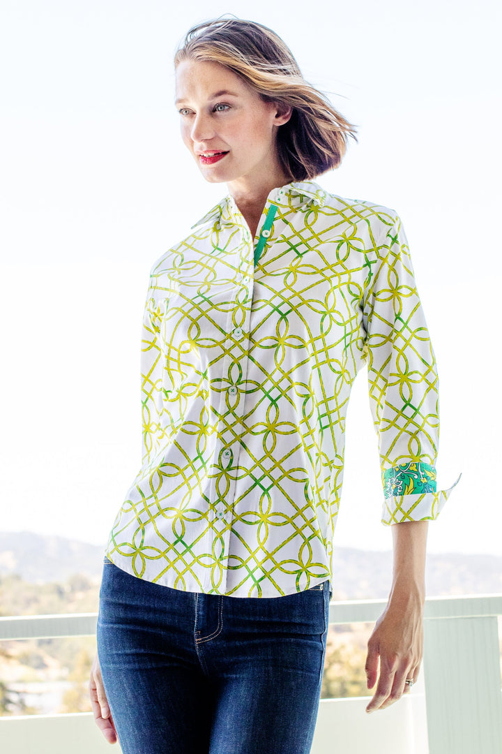 Dizzy-Lizzie Rome 3/4 Sleeve Shirt - Green and White Geo available at Barbara Katz