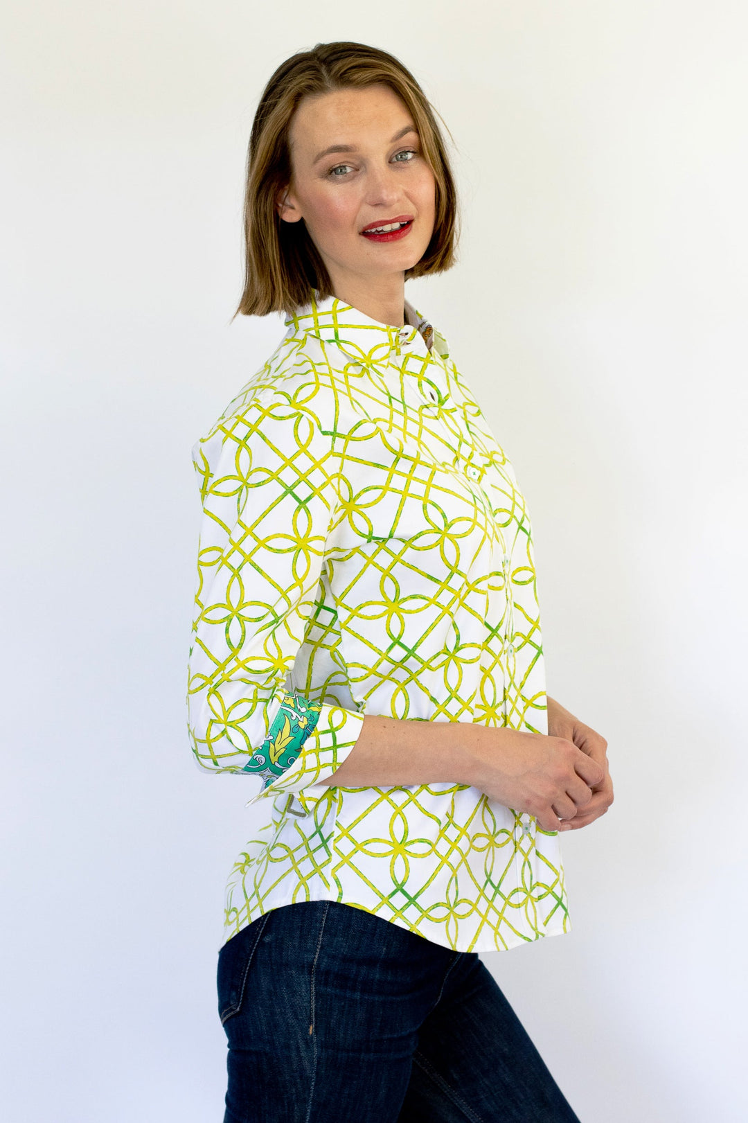 Dizzy-Lizzie Rome 3/4 Sleeve Shirt - Green and White Geo available at Barbara Katz