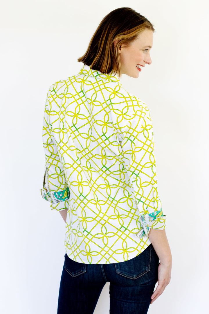 Dizzy-Lizzie Rome 3/4 Sleeve Shirt - Green and White Geo available at Barbara Katz