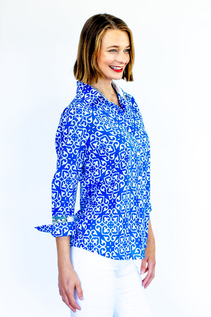 Dizzy-Lizzie Rome 3/4 Sleeve Shirt - Cobalt Blue & White Geometric Print available at Barbara Katz